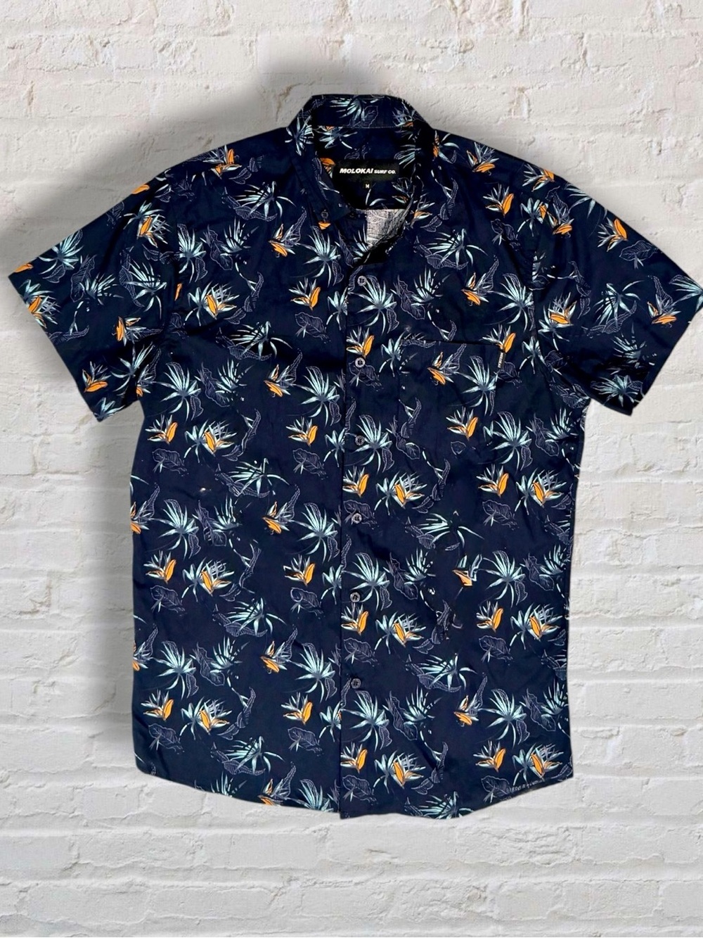 Molokai Surf Co Tropical Floral Shirt Mens Medium Blue Orange Hawaiian shirt